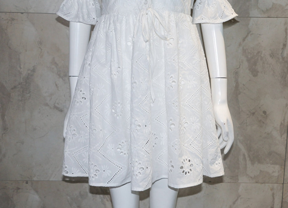 White Embroidery V-Neck Dress