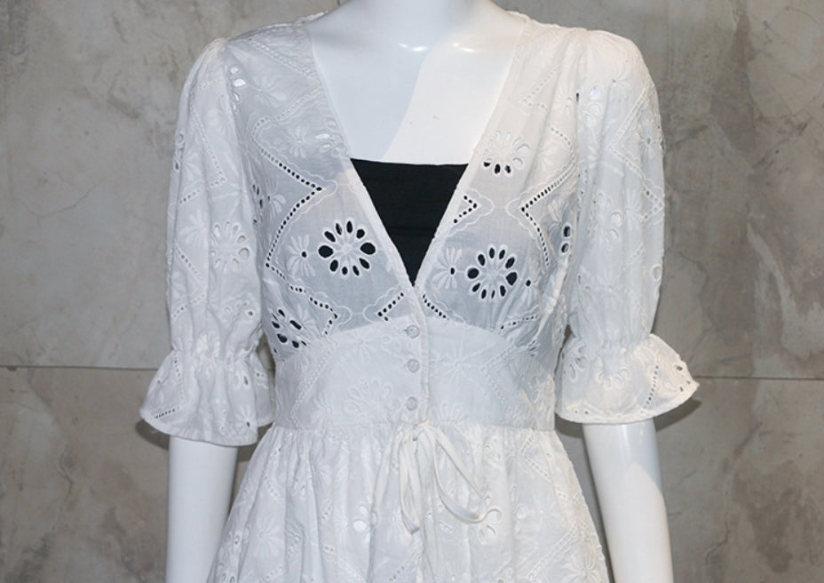 White Embroidery V-Neck Dress