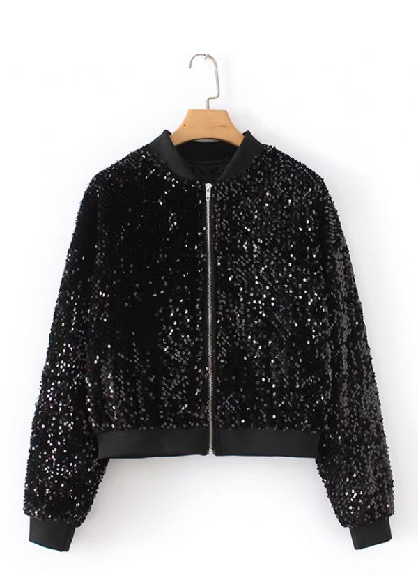 Black Cropped Sparkly Sequin Jacket