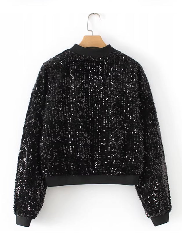 Black Cropped Sparkly Sequin Jacket