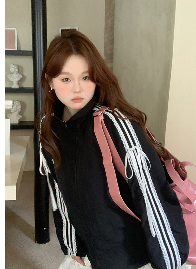 Loose Black Zip Jacket Spring Windproof Top