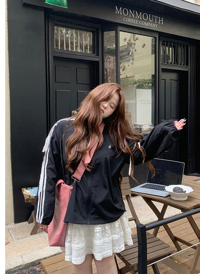 Loose Black Zip Jacket Spring Windproof Top