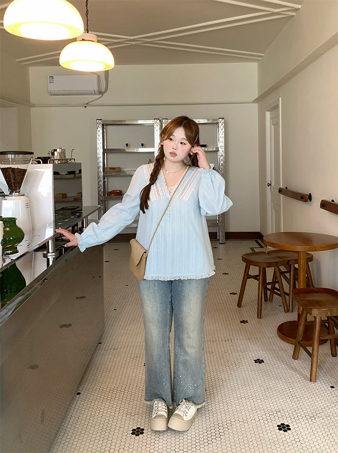 Loose Blue Slimming Shirt Top