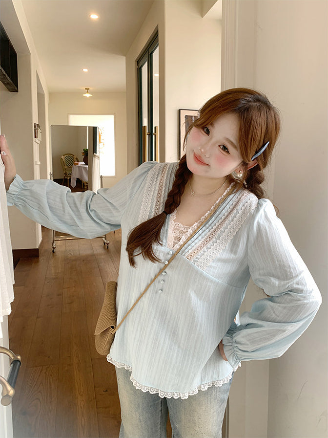 Loose Blue Shirt Slimming Summer Top