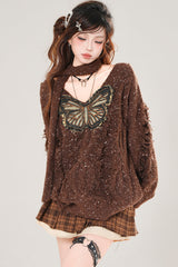 Loose V Neck Embroidered Autumn Sweater