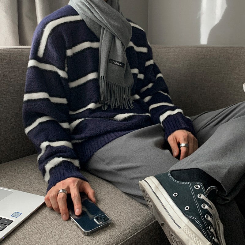 Luxury Striped Knit Sweater In Mink Fleece