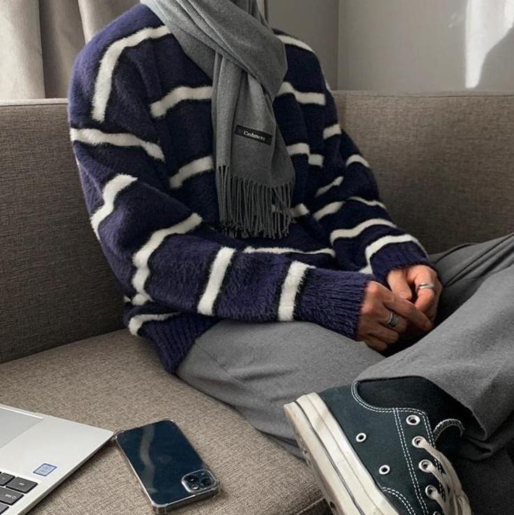 Luxury Striped Knit Sweater In Mink Fleece