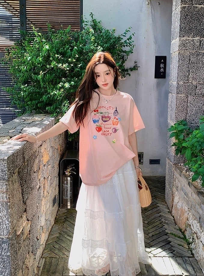 Mesh Skirt And Relaxed T Shirt Set