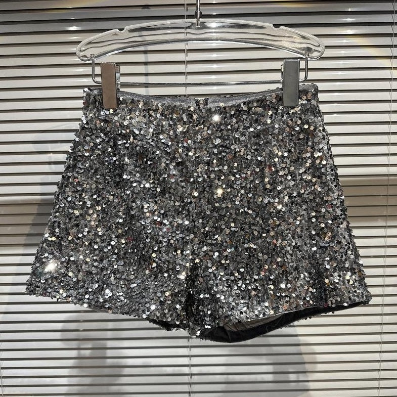 Metallic Grey Sequin Embellished Shorts