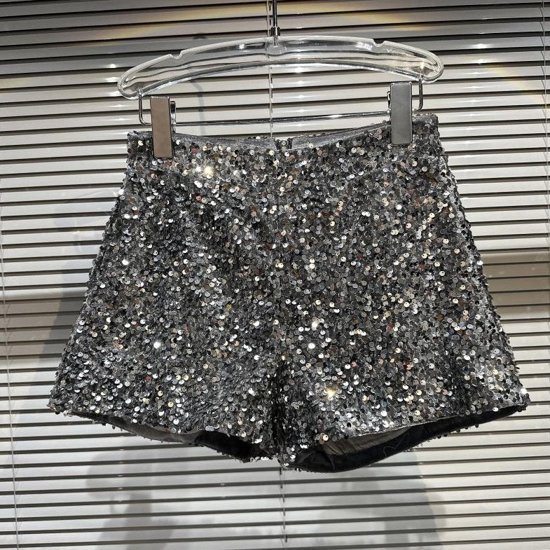 Metallic Grey Sequin Embellished Shorts