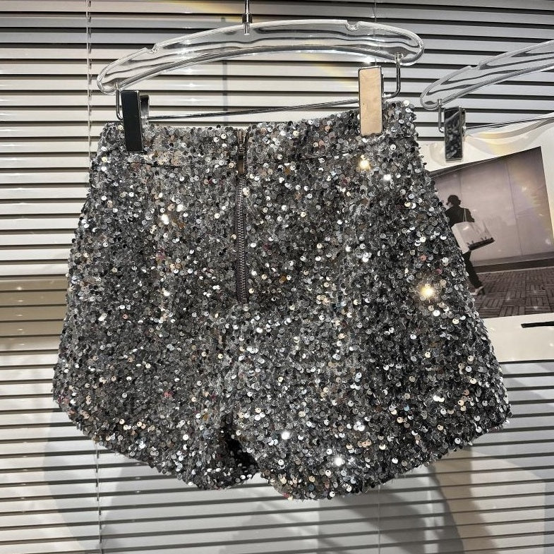 Metallic Grey Sequin Embellished Shorts