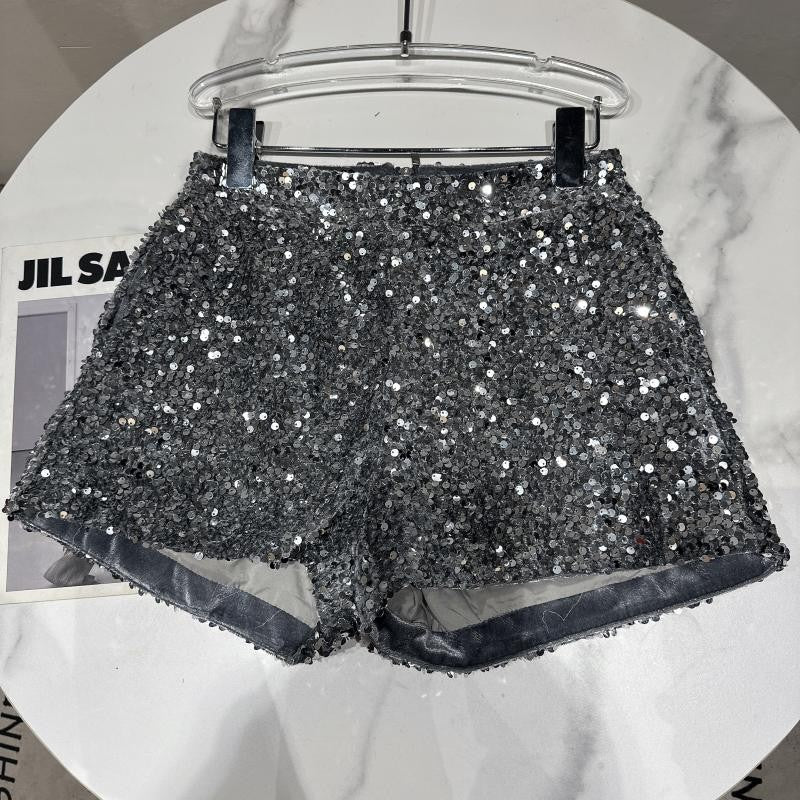 Metallic Grey Sequin Embellished Shorts