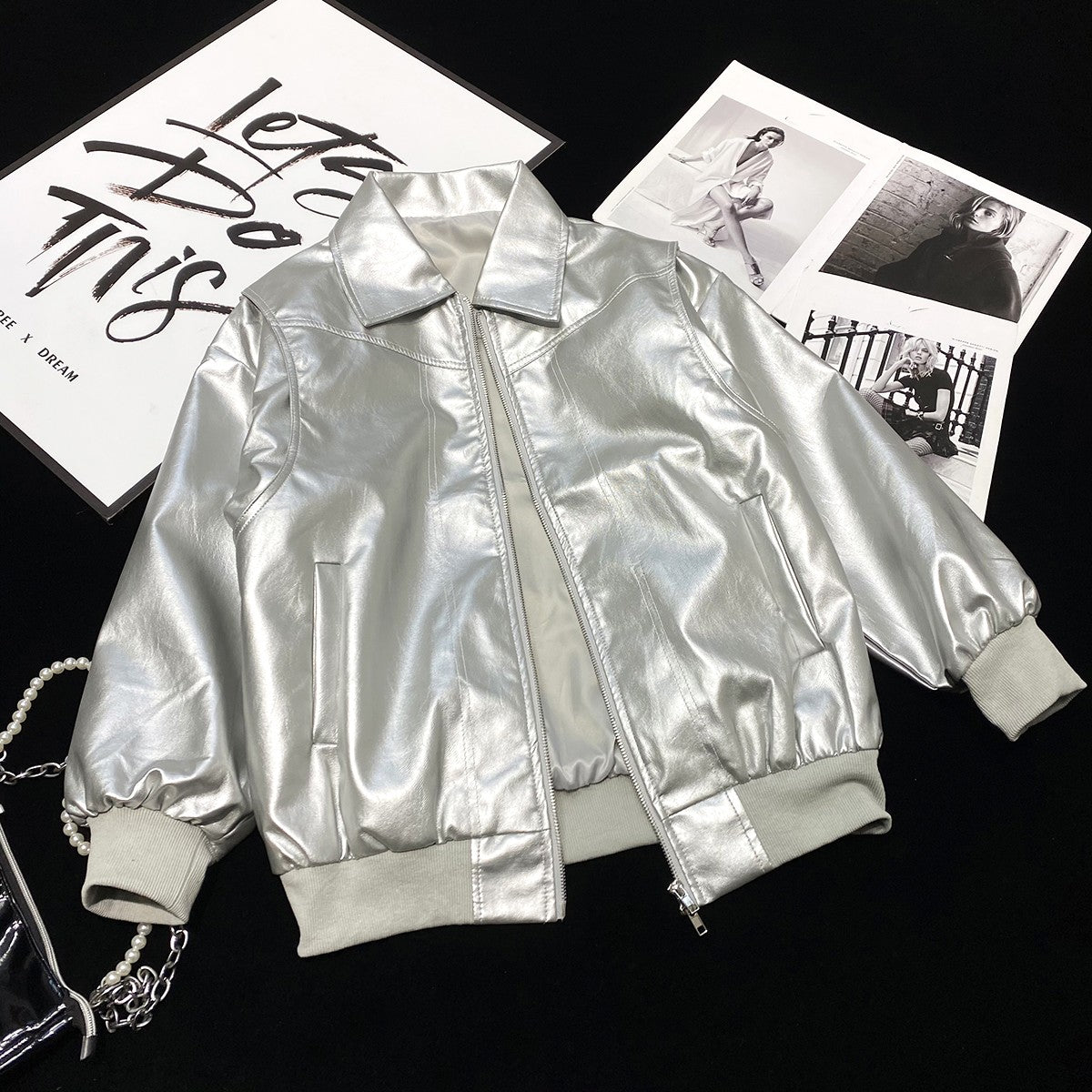 Metallic Grey Zip-Up Bomber Jacket