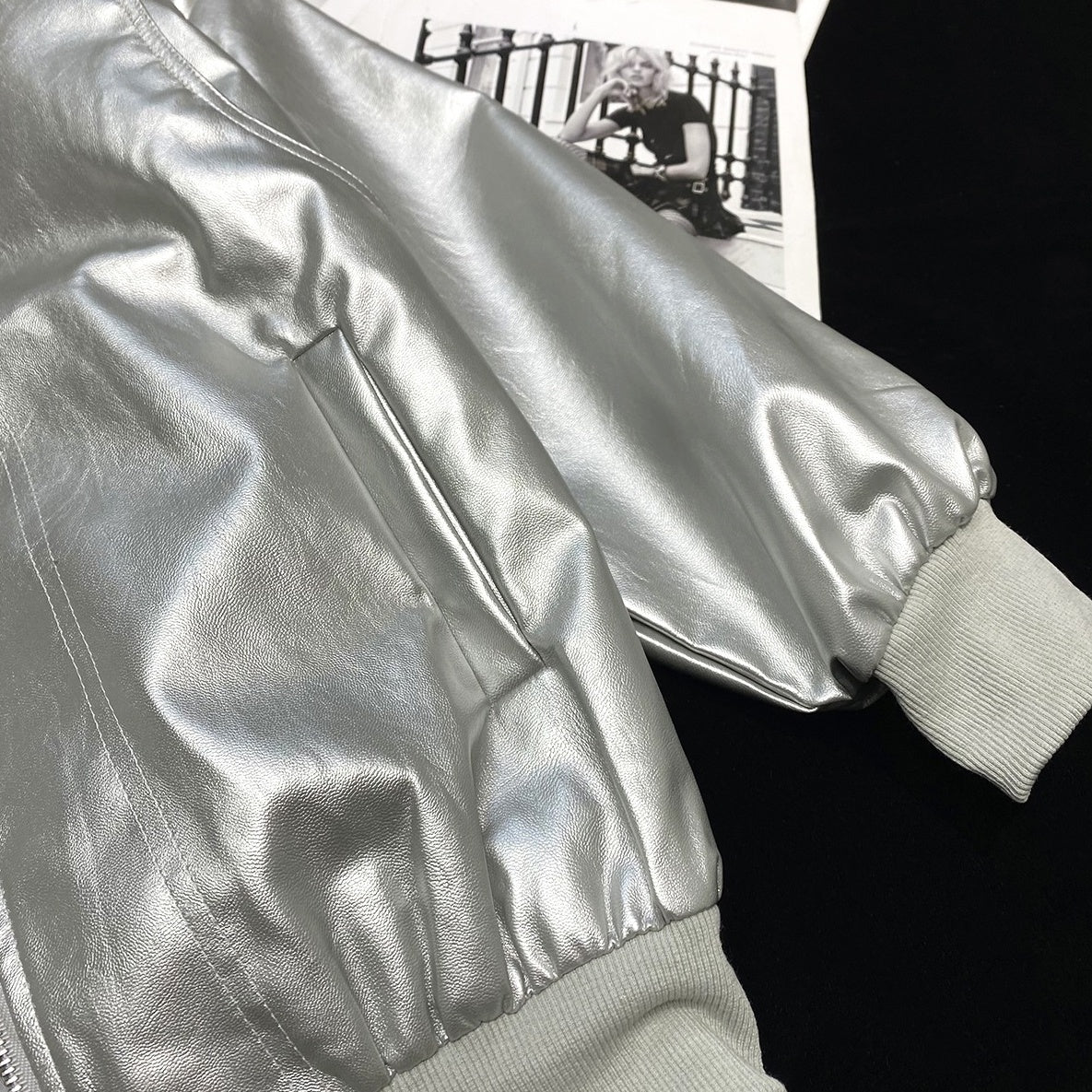 Metallic Grey Zip-Up Bomber Jacket