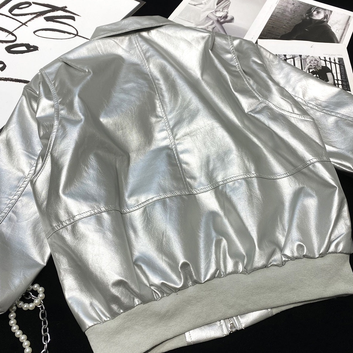 Metallic Grey Zip-Up Bomber Jacket