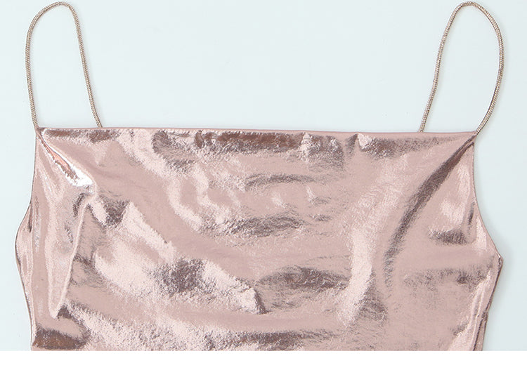 Metallic Pink Cowl-Neck Mini Dress