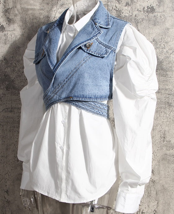 Blue Cross Wrap Denim Top