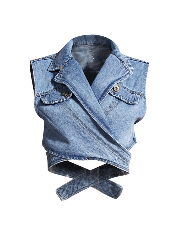 Blue Cross Wrap Denim Top