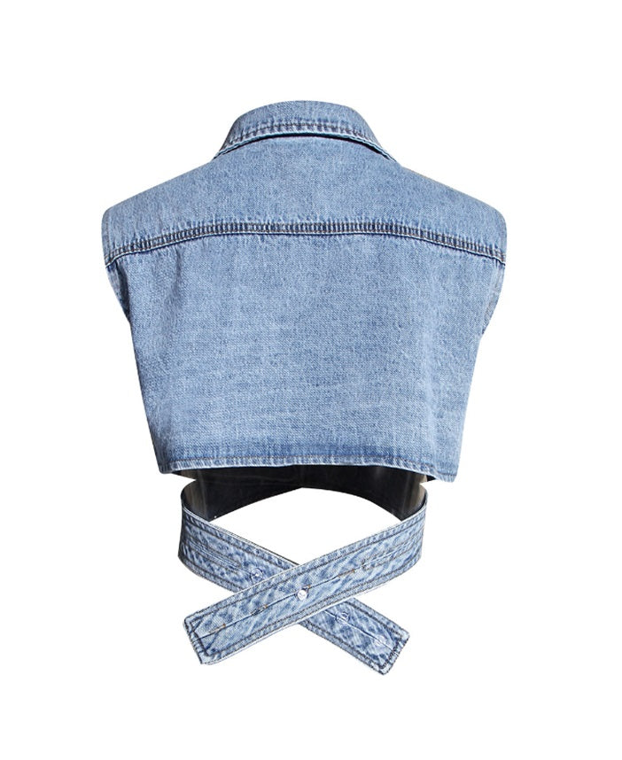 Blue Cross Wrap Denim Top