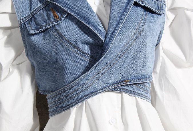 Blue Cross Wrap Denim Top