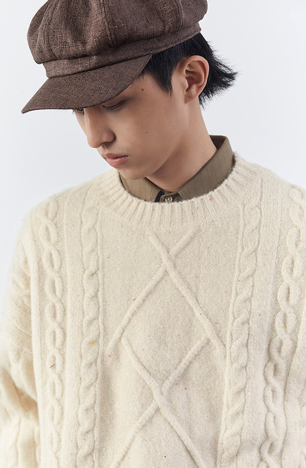 Milky White Rhombus Knitted Sweater