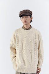 Milky White Rhombus Knitted Sweater
