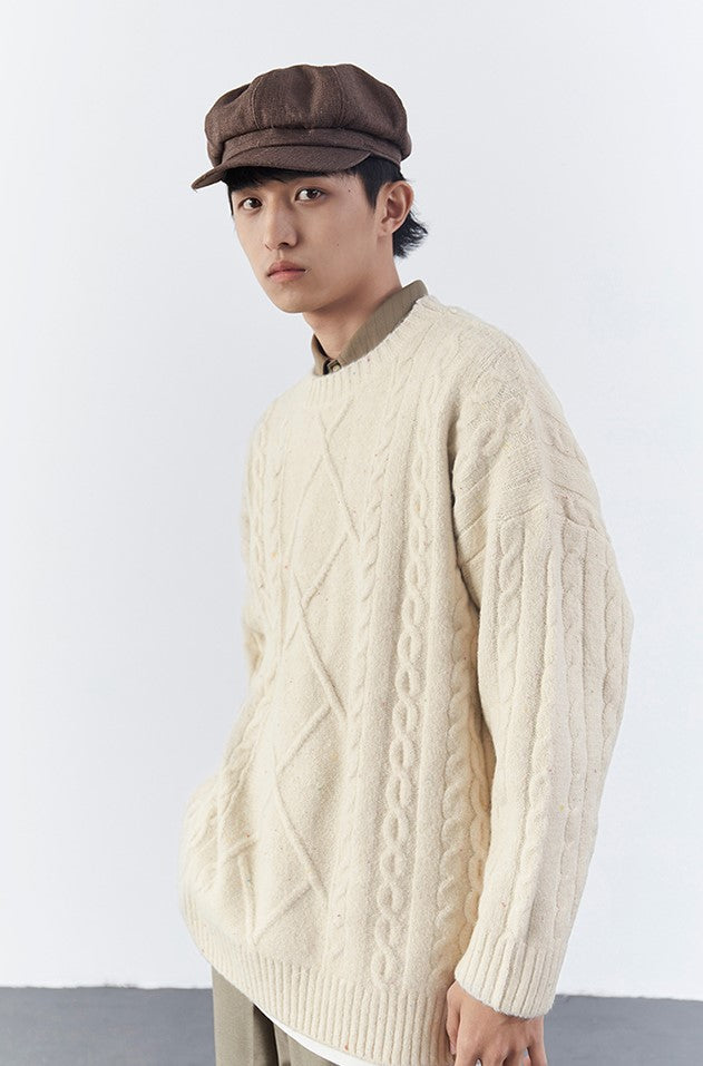 Milky White Rhombus Knitted Sweater