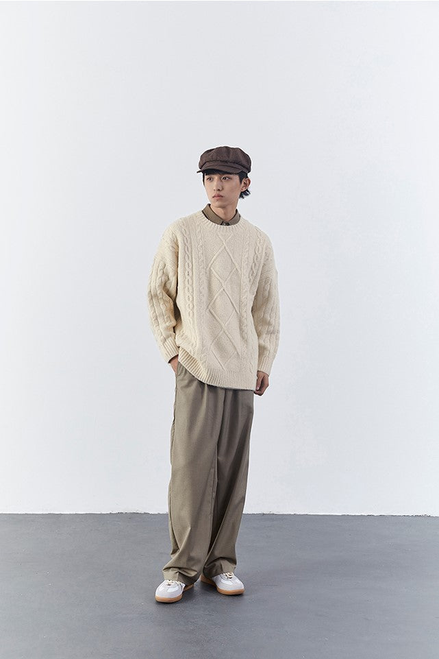 Milky White Rhombus Knitted Sweater