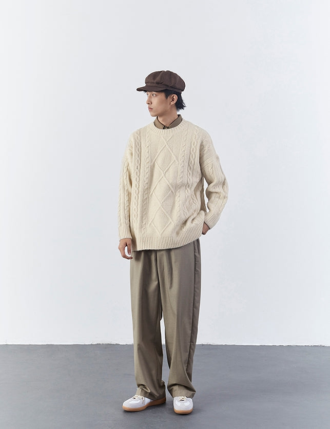Milky White Rhombus Knitted Sweater