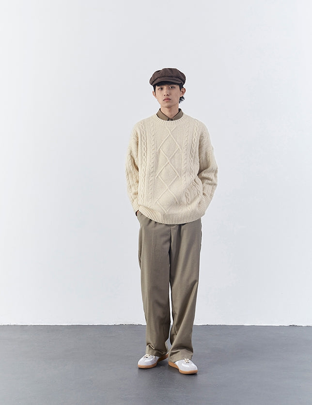 Milky White Rhombus Knitted Sweater