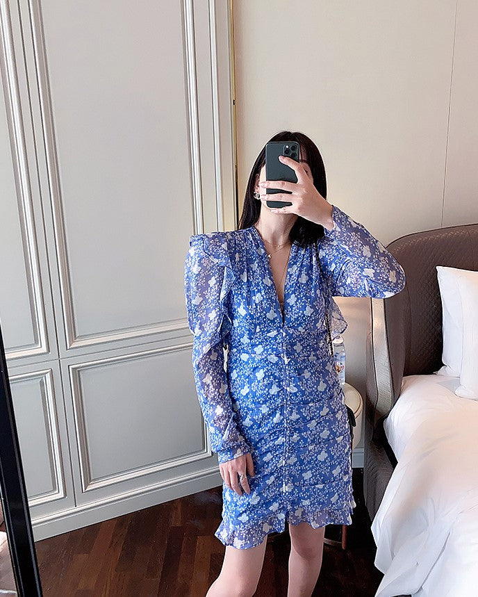 Blue Puff-Sleeve Ruffled Front Floral Dress