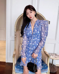 Blue Puff-Sleeve Ruffled Front Floral Dress