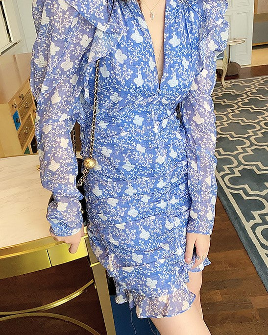 Blue Puff-Sleeve Ruffled Front Floral Dress
