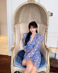 Blue Puff-Sleeve Ruffled Front Floral Dress