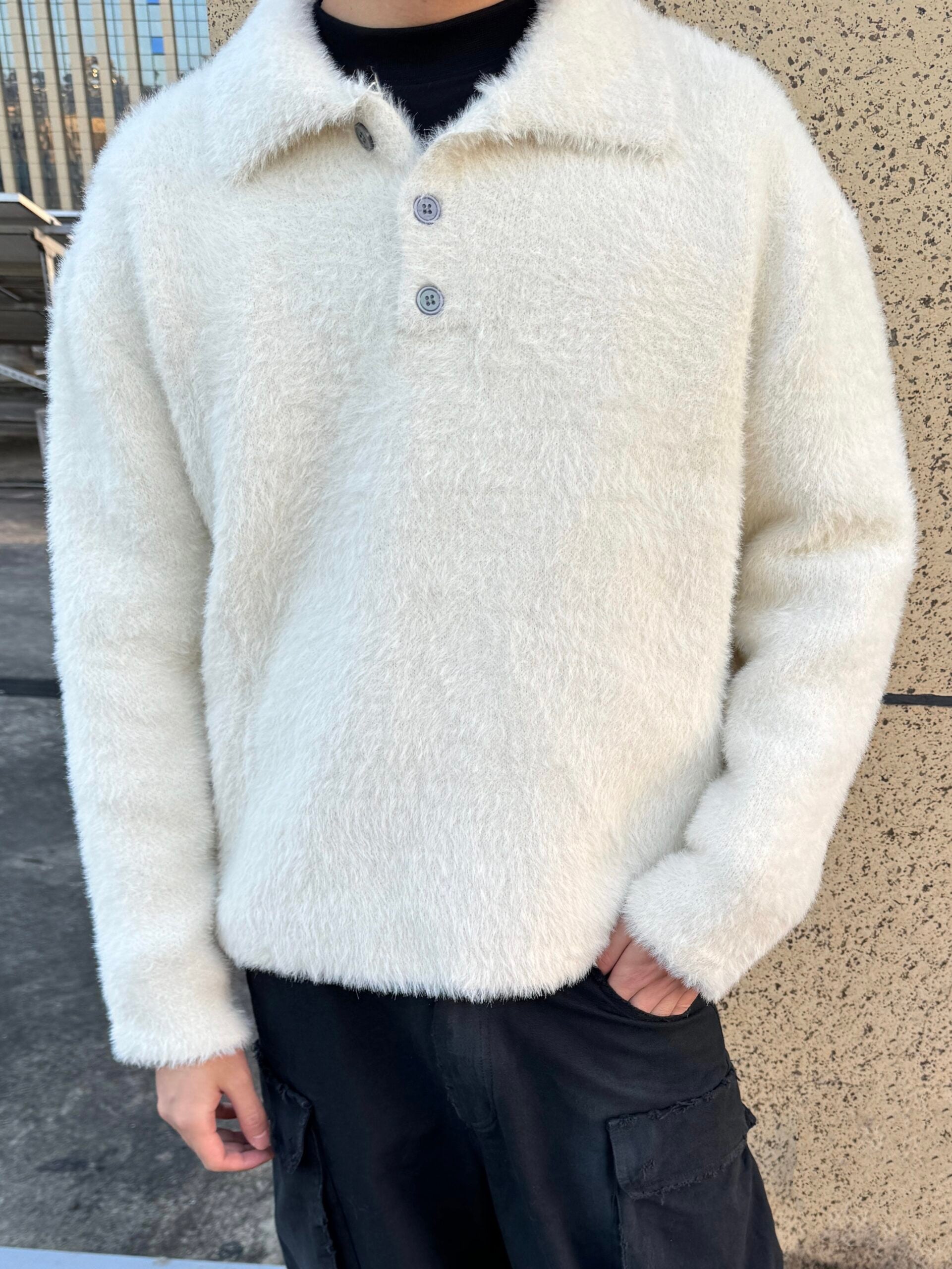 White Fluffy Collared Polo Sweater