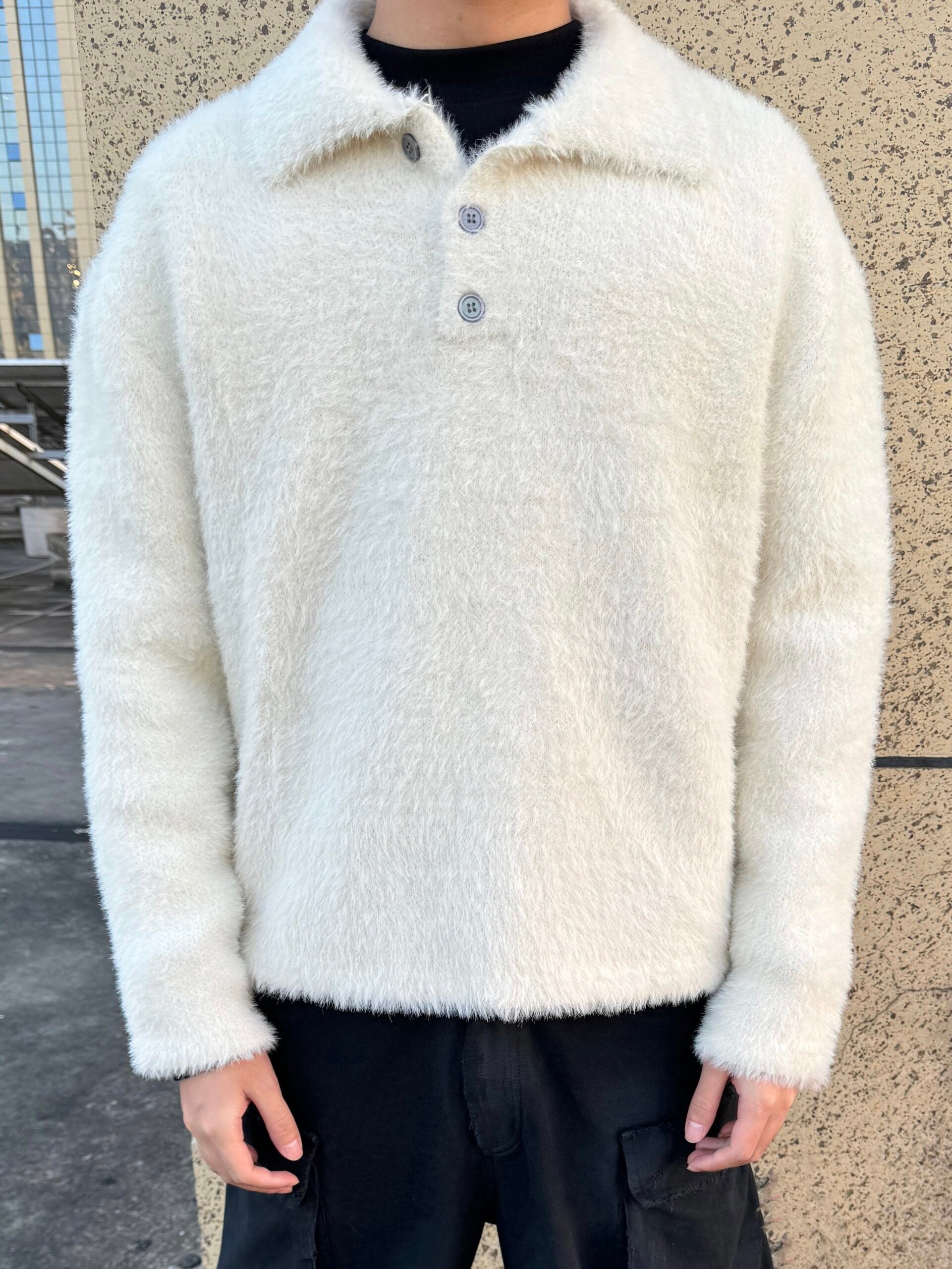 White Fluffy Collared Polo Sweater