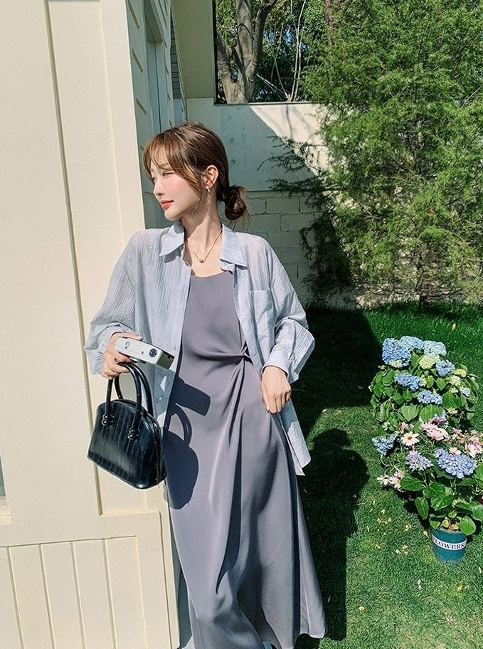 Minimalist Strappy Dress Shirt Set Lazy Slim Fit Two Piece