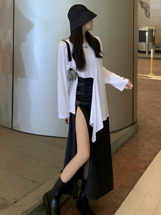 Black Buckled High Slit Skirt