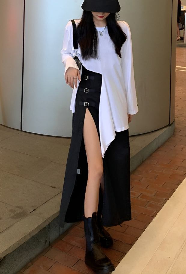 Black Buckled High Slit Skirt