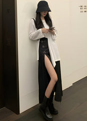 Black Buckled High Slit Skirt