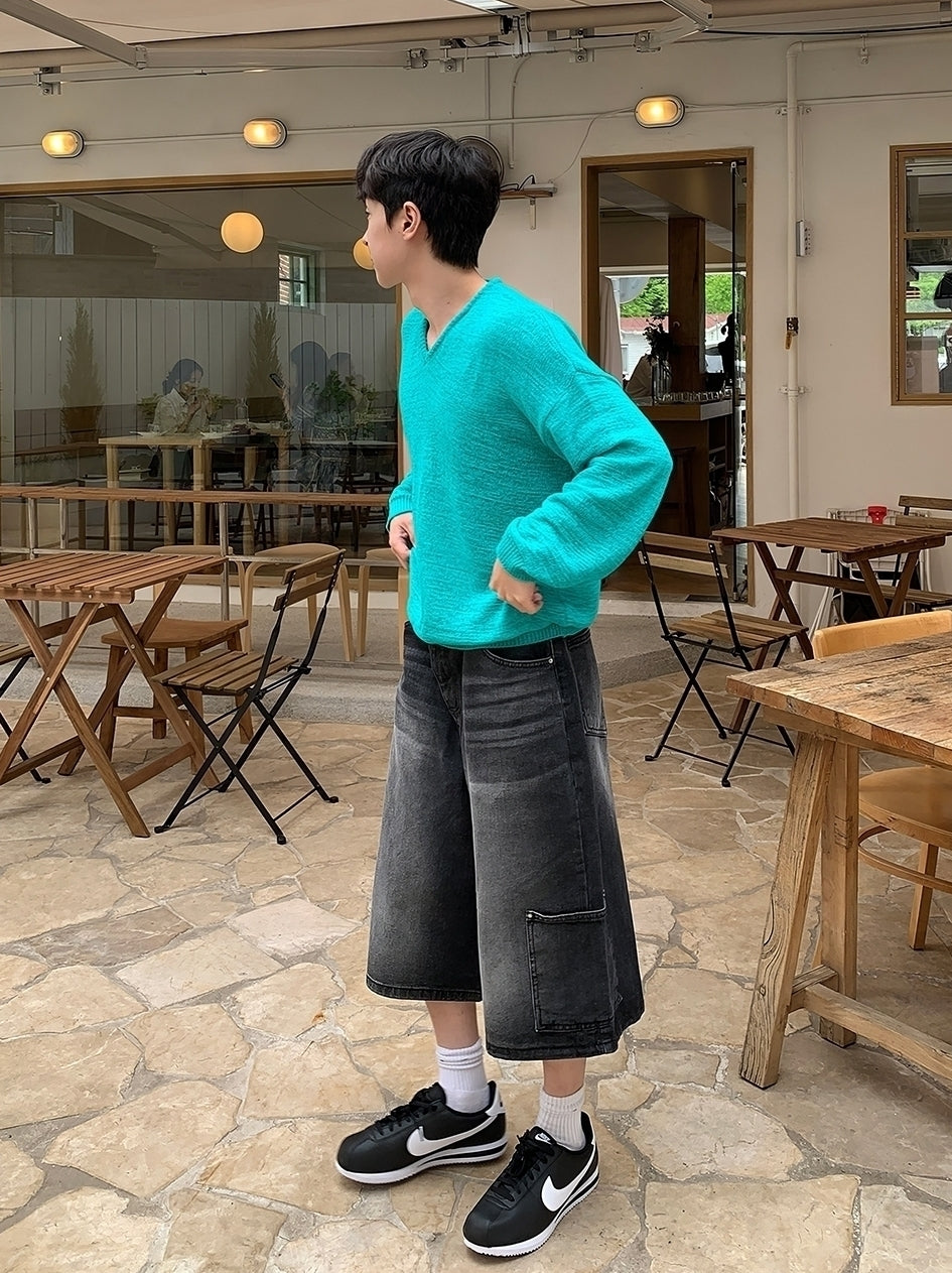 Mint Blue Knitted V-Neck Sweater