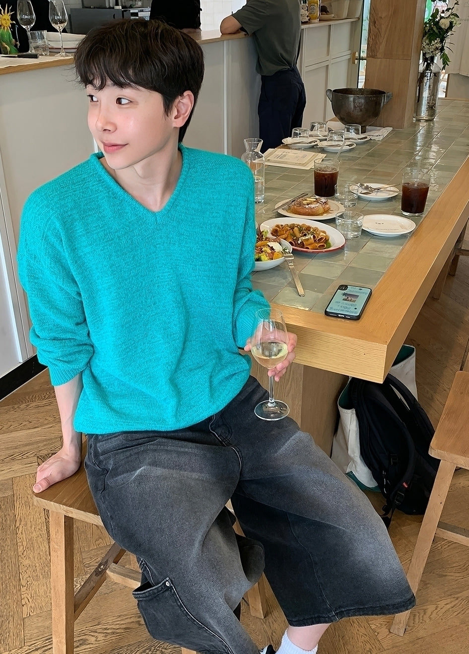 Mint Blue Knitted V-Neck Sweater