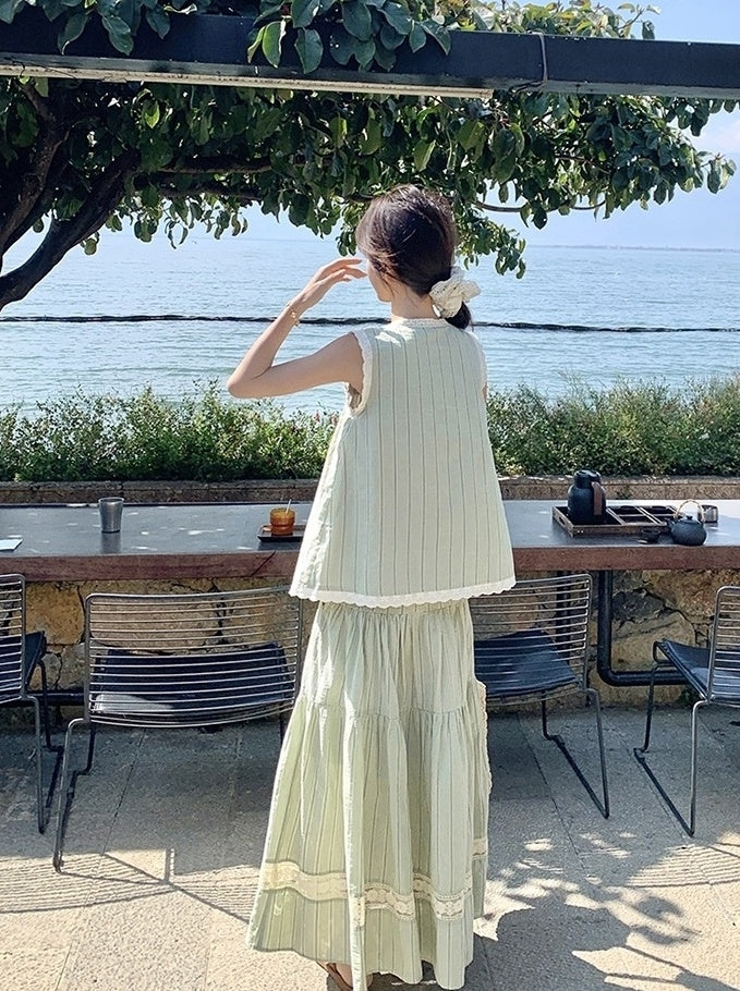 Mint Striped Lace Trim Sleeveless Top Skirt Set
