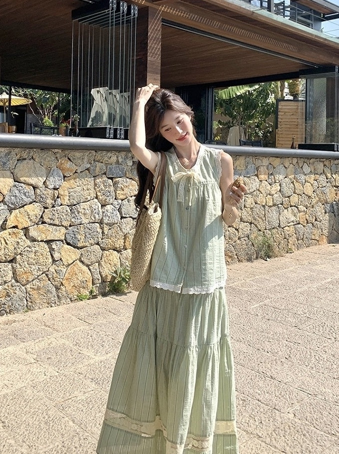Mint Striped Lace Trim Sleeveless Top Skirt Set