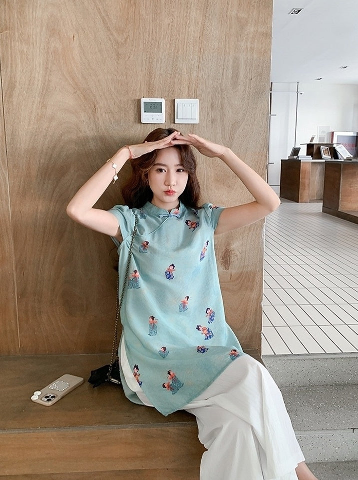 Modern Chinese Style Buttoned Top And Wide Leg Pants Set
