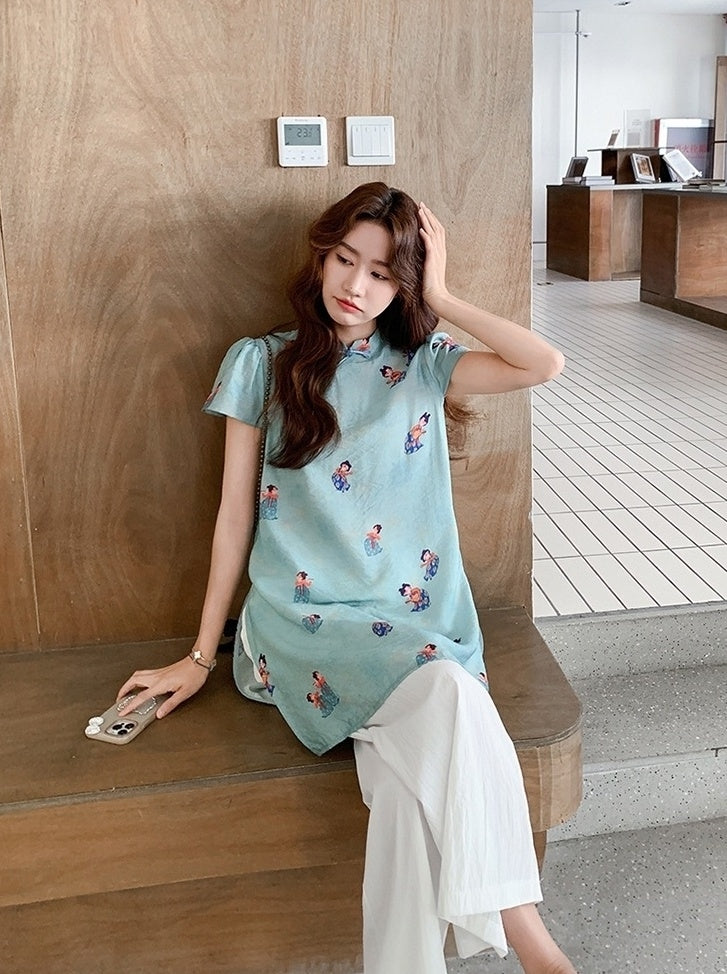 Modern Chinese Style Buttoned Top And Wide Leg Pants Set