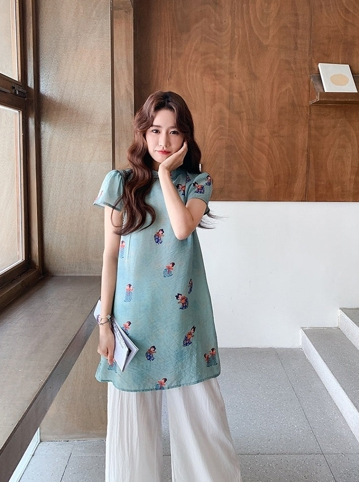 Modern Chinese Style Buttoned Top And Wide Leg Pants Set