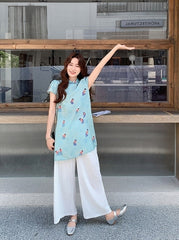 Modern Chinese Style Buttoned Top And Wide Leg Pants Set
