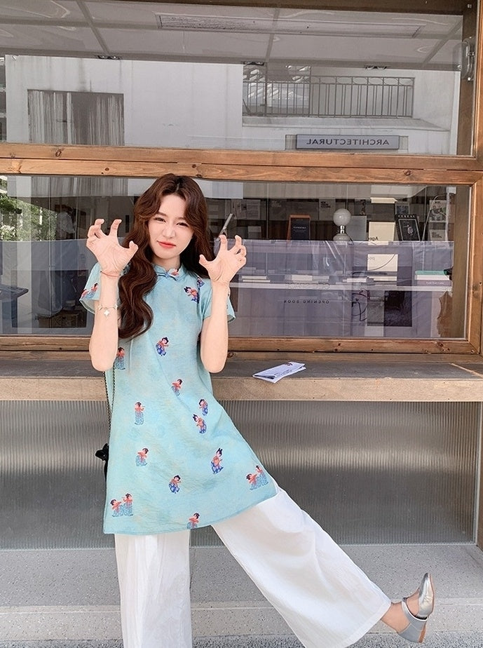 Modern Chinese Style Buttoned Top And Wide Leg Pants Set