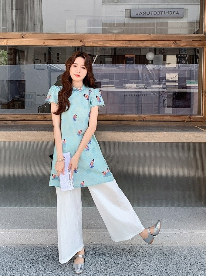 Modern Chinese Style Buttoned Top And Wide Leg Pants Set